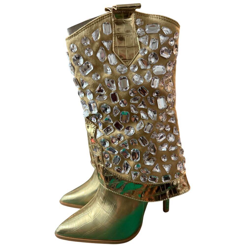 Lauren Lorraine Hana Rhinestone Western Glam Stiletto Boots, Gold, Size 5.5, NWT